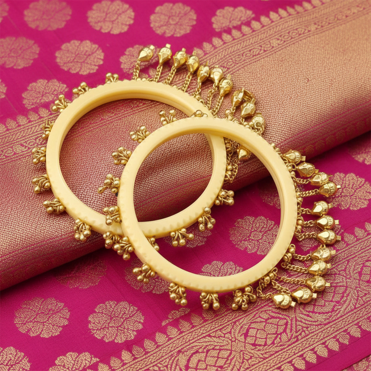 Indira- Cream Heritage Ghungroo Bangles (Set of 2)