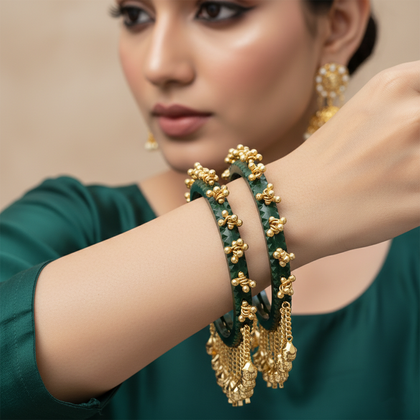 Indira-  Green Heritage Ghungroo Bangles (Set of 2)